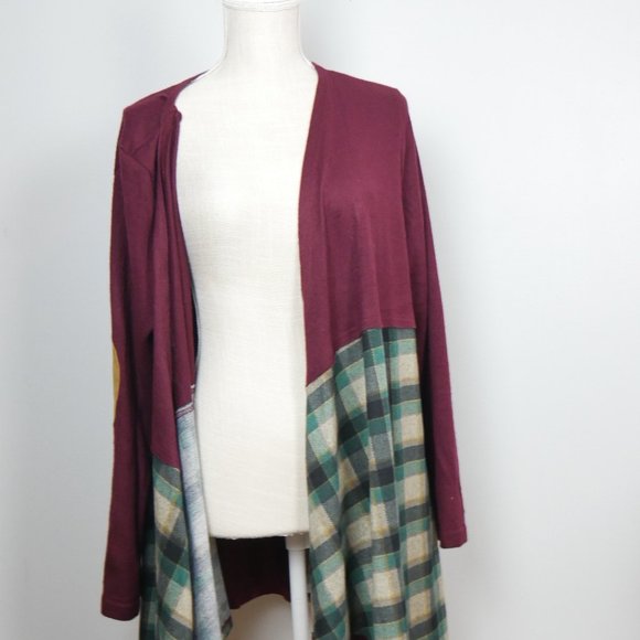 Entro Maroon with Green Plaid and Tan Elbow Patch Open Cardigan Medium - Picture 2 of 11